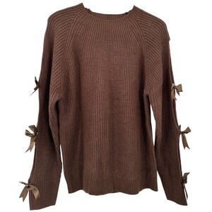 Chocolate Brown Shaker Knit Sweater Open Sleeves Satin Ribbon Ties Women's XL